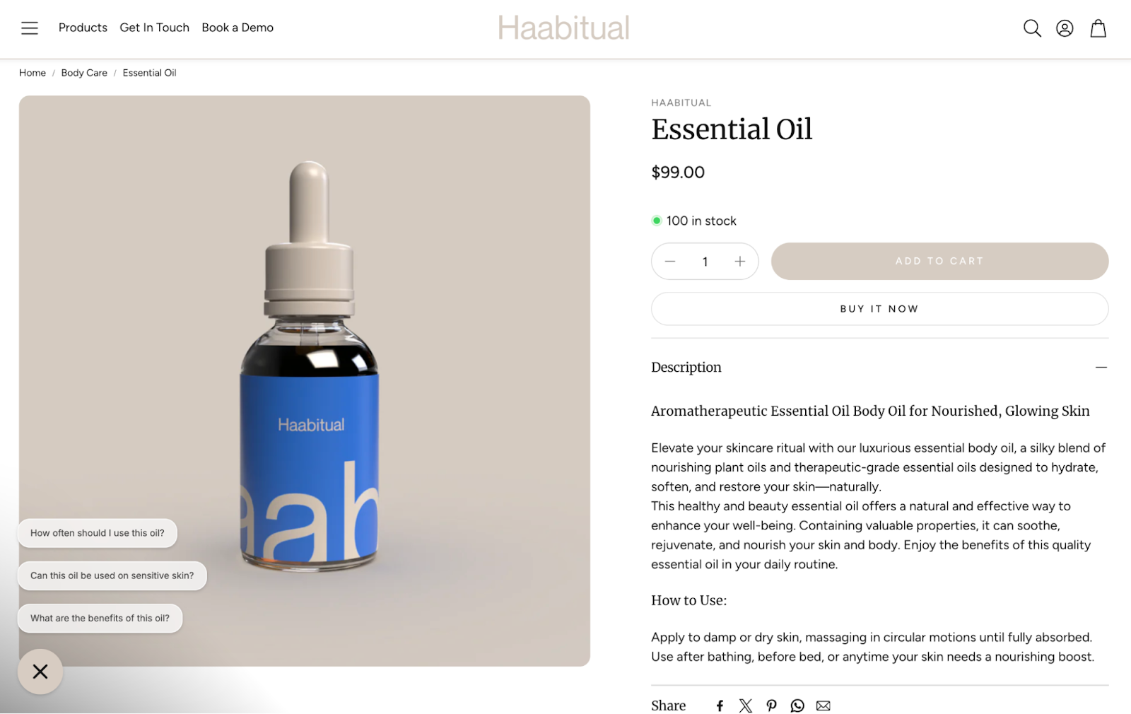 Product page for Haabitual Essential Oil showing suggested product questions about the product usage and benefits. 
