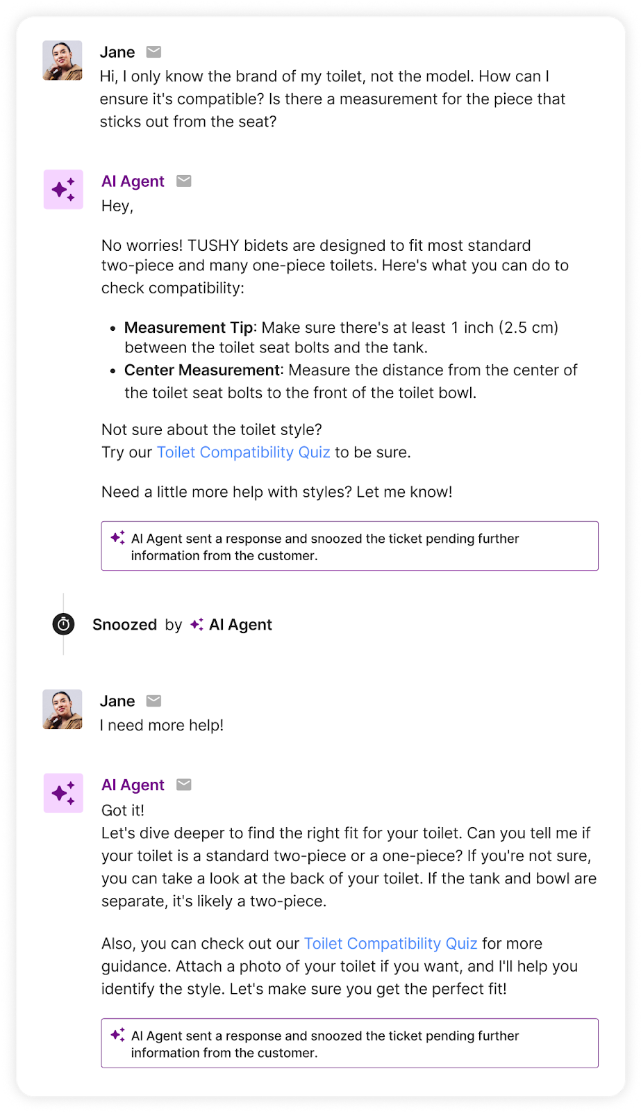 AI Agent explains toilet fit, asks for more info, and links to a toilet compatibility quiz.
