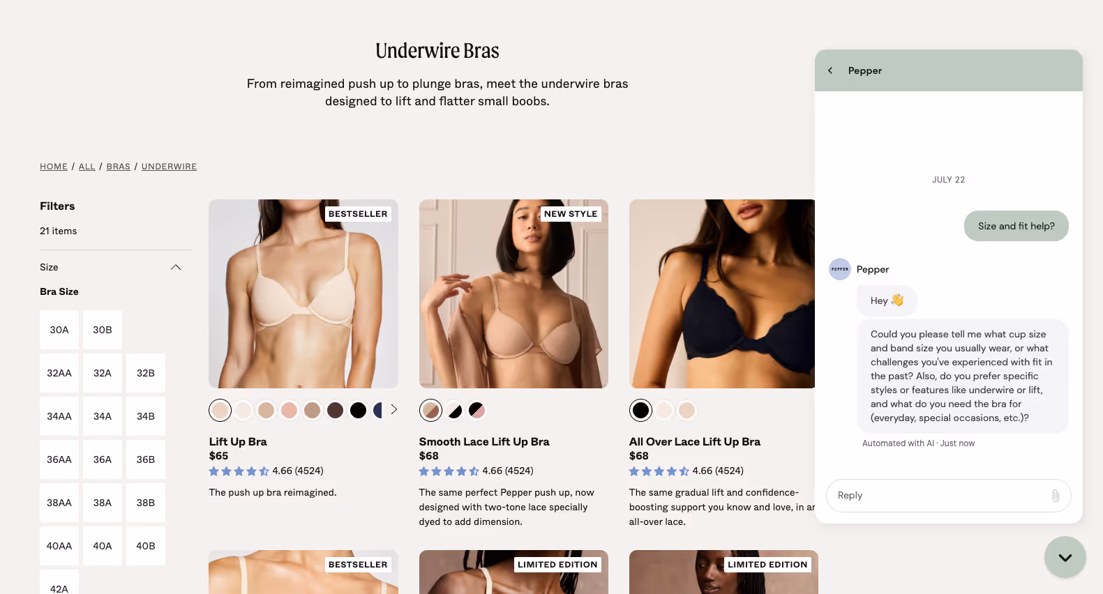 Pepper's underwire bra collection with AI chat asking for size, style, and fit preferences.