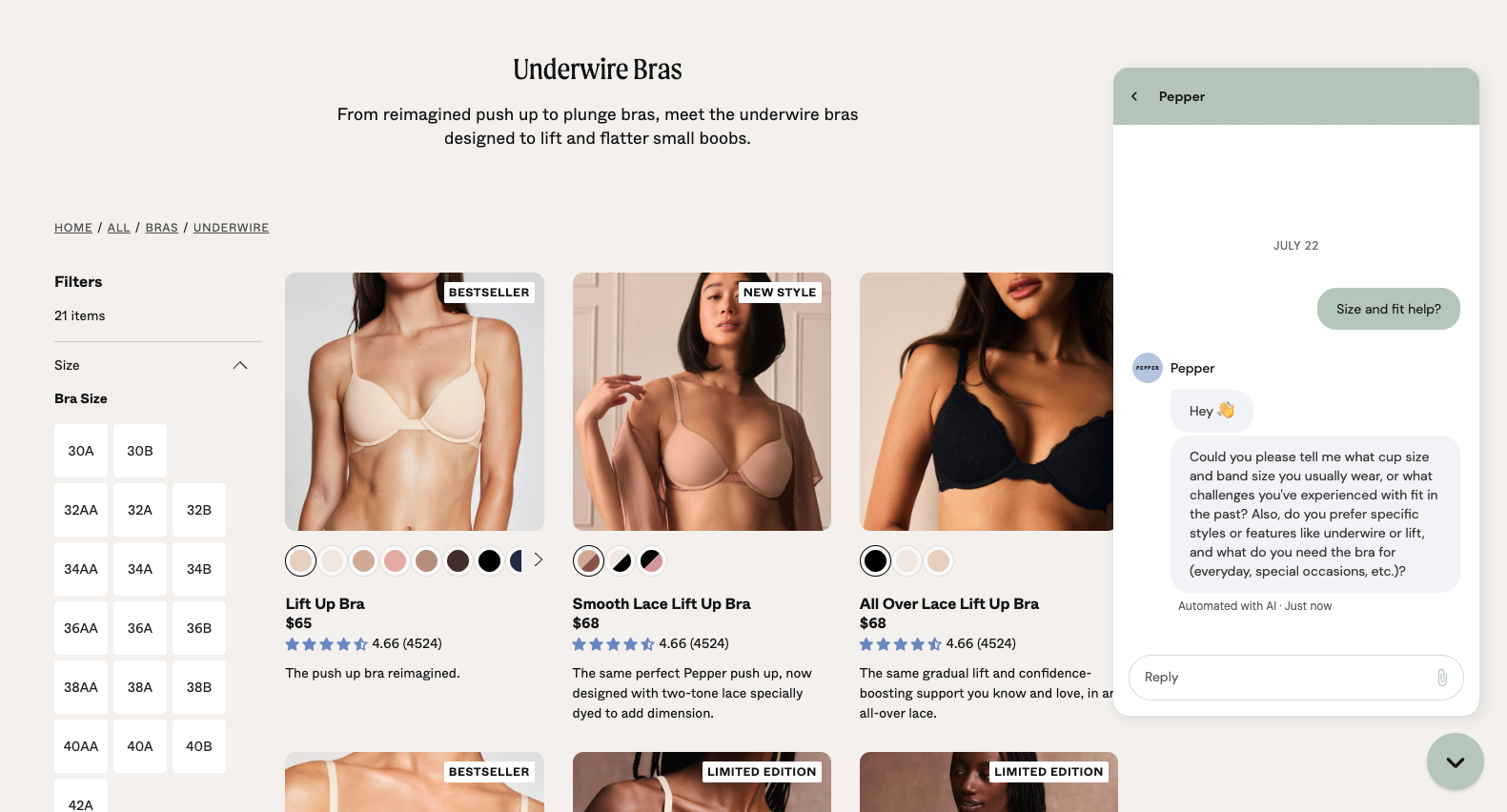 Pepper's underwire bra collection with AI chat asking for size, style, and fit preferences.