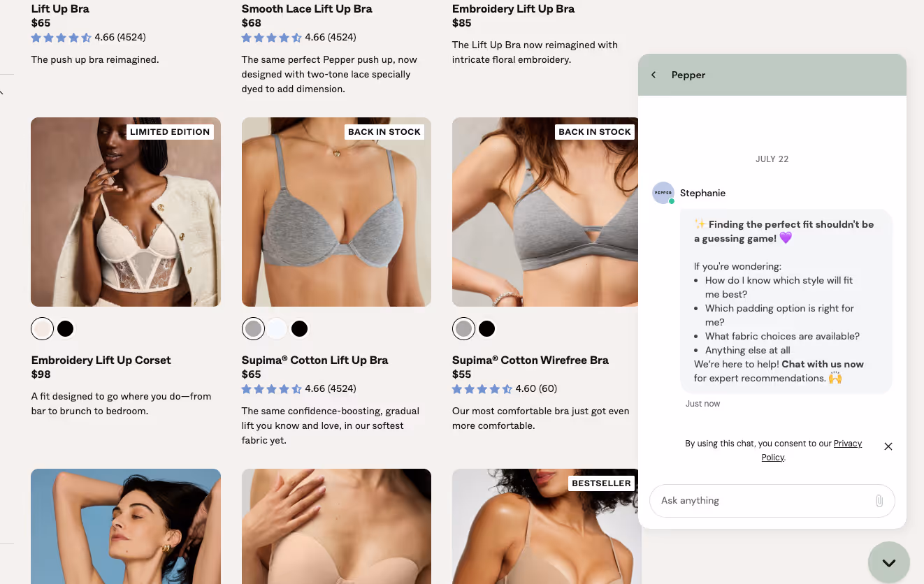 Grid of bras from Pepper with chat popup offering fit advice and style recommendations.