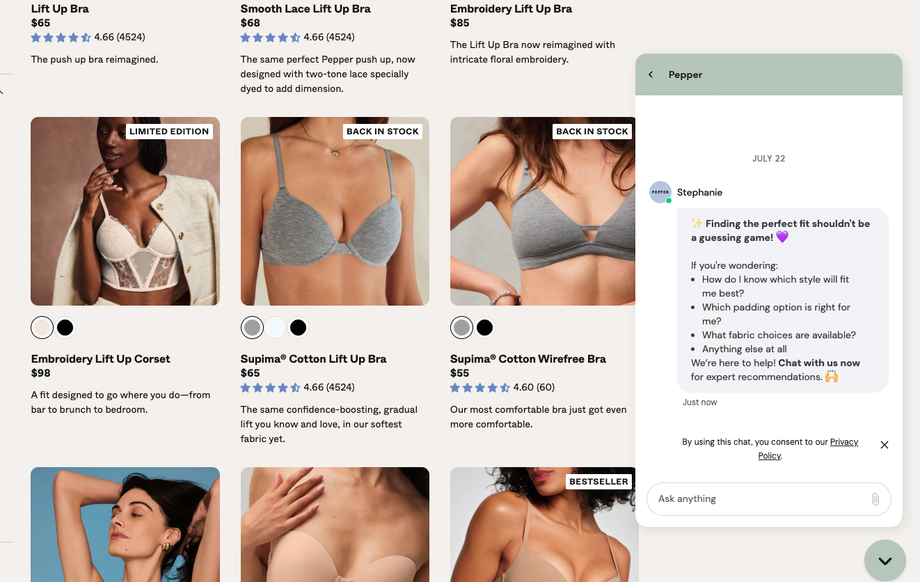 Grid of bras from Pepper with chat popup offering fit advice and style recommendations.