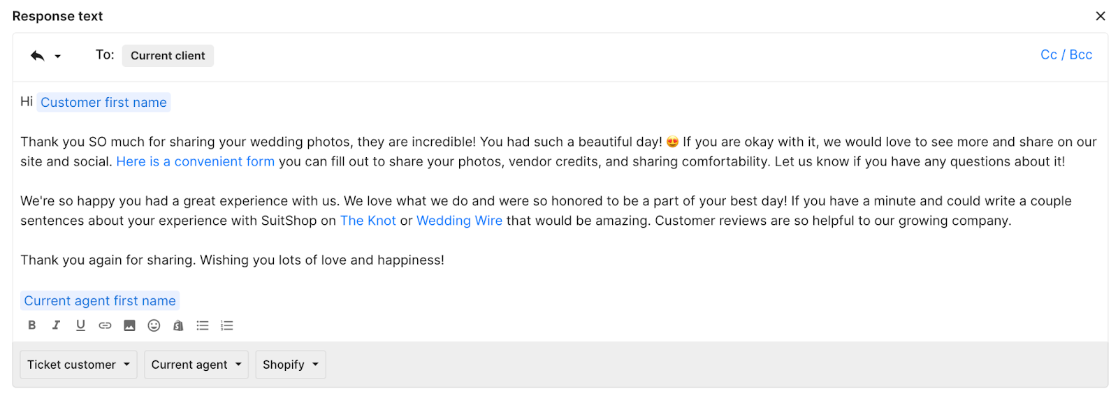 An email Macro thanking a customer for sharing wedding photos and inviting them to submit more via a form or leave a review.