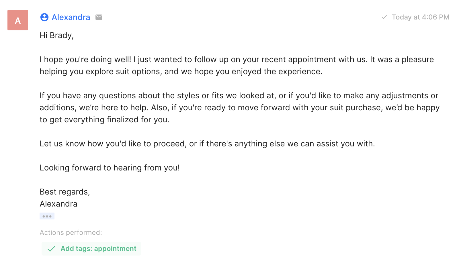 A follow-up email from SuitShop offering assistance with suit style adjustments or finalizing a purchase.