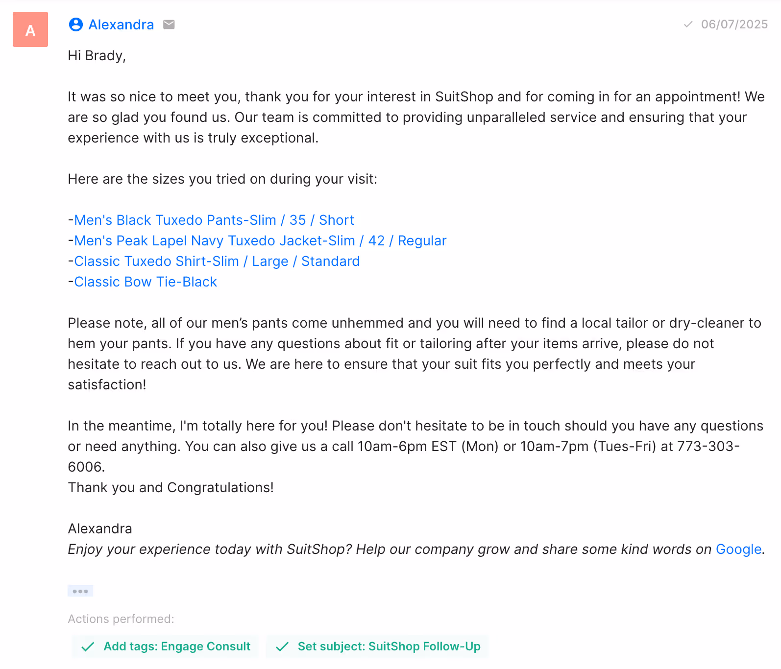 Email from a SuitShop representative listing suit sizes tried on during a visit and offering support with tailoring and fit.