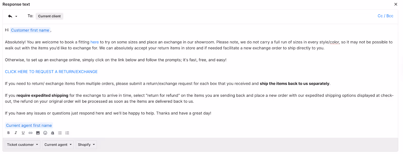 Email Macro guiding a customer through booking a fitting or requesting a return or exchange online, with shipping and expedited order details.