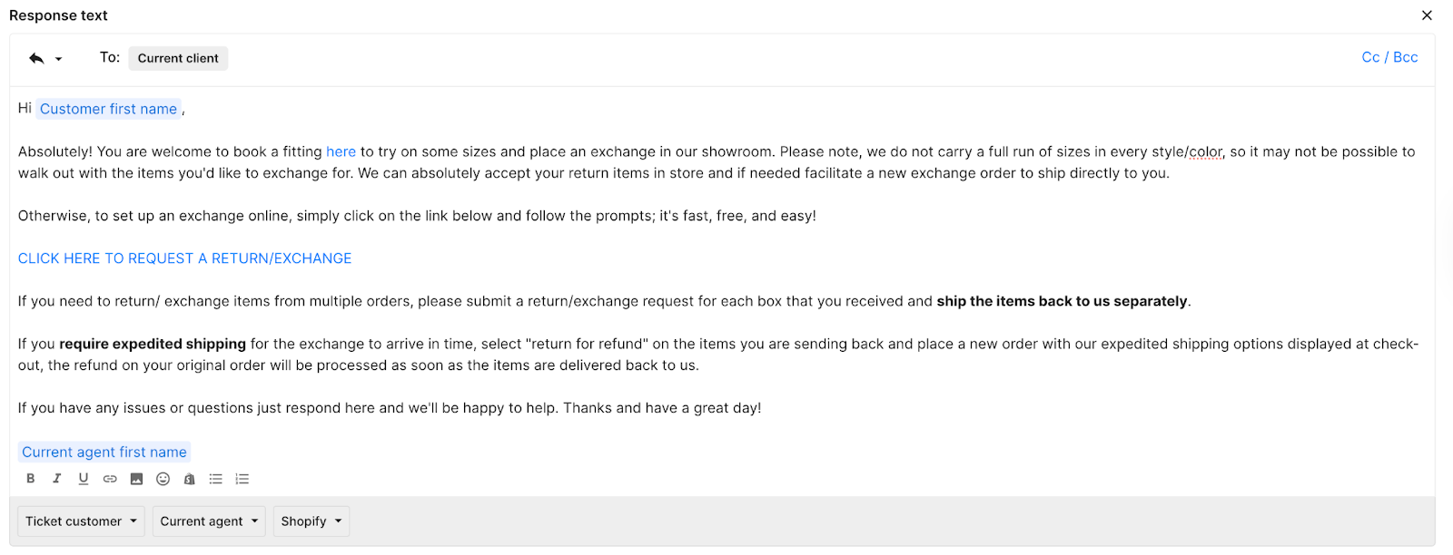 Email Macro guiding a customer through booking a fitting or requesting a return or exchange online, with shipping and expedited order details.