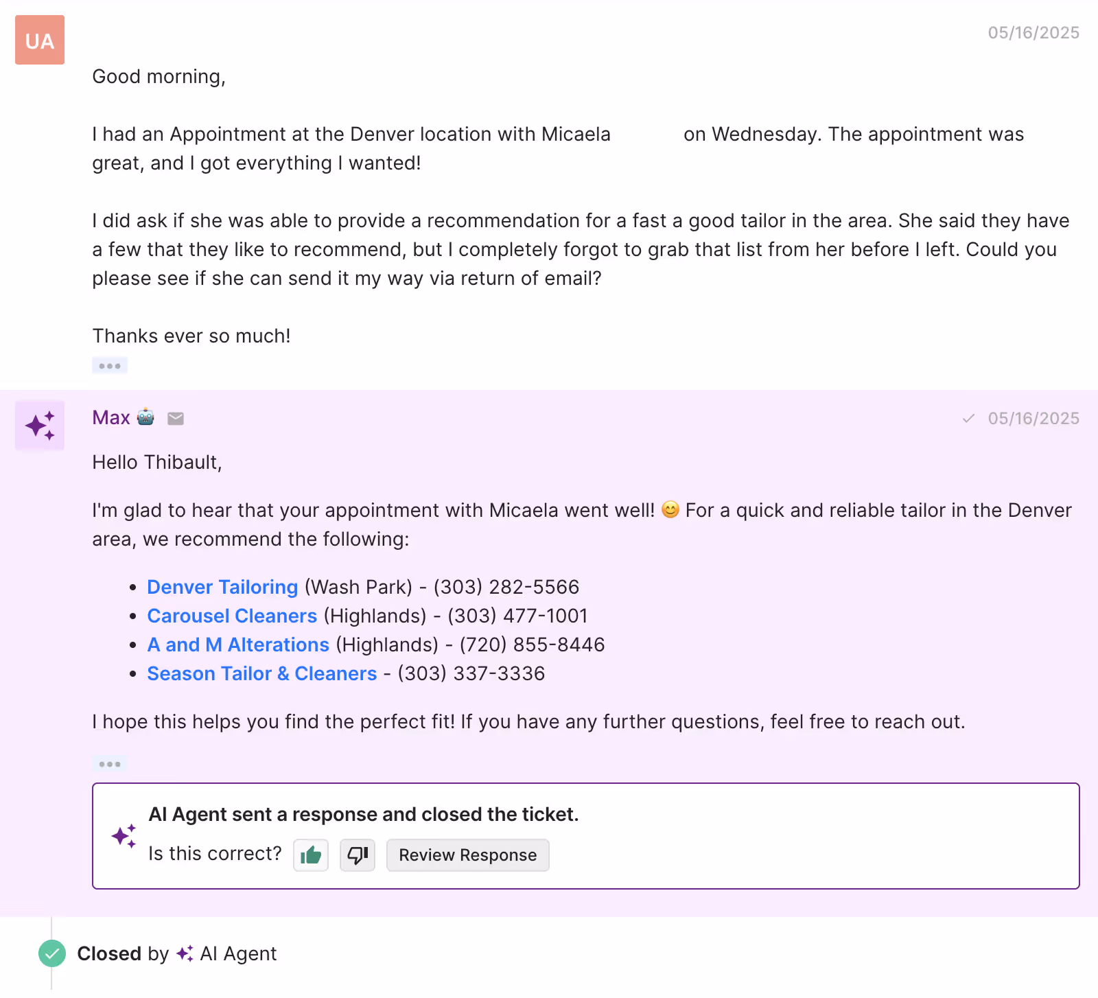 A conversation with an AI Agent response recommending local tailors in Denver after a customer requests a list following a SuitShop appointment.