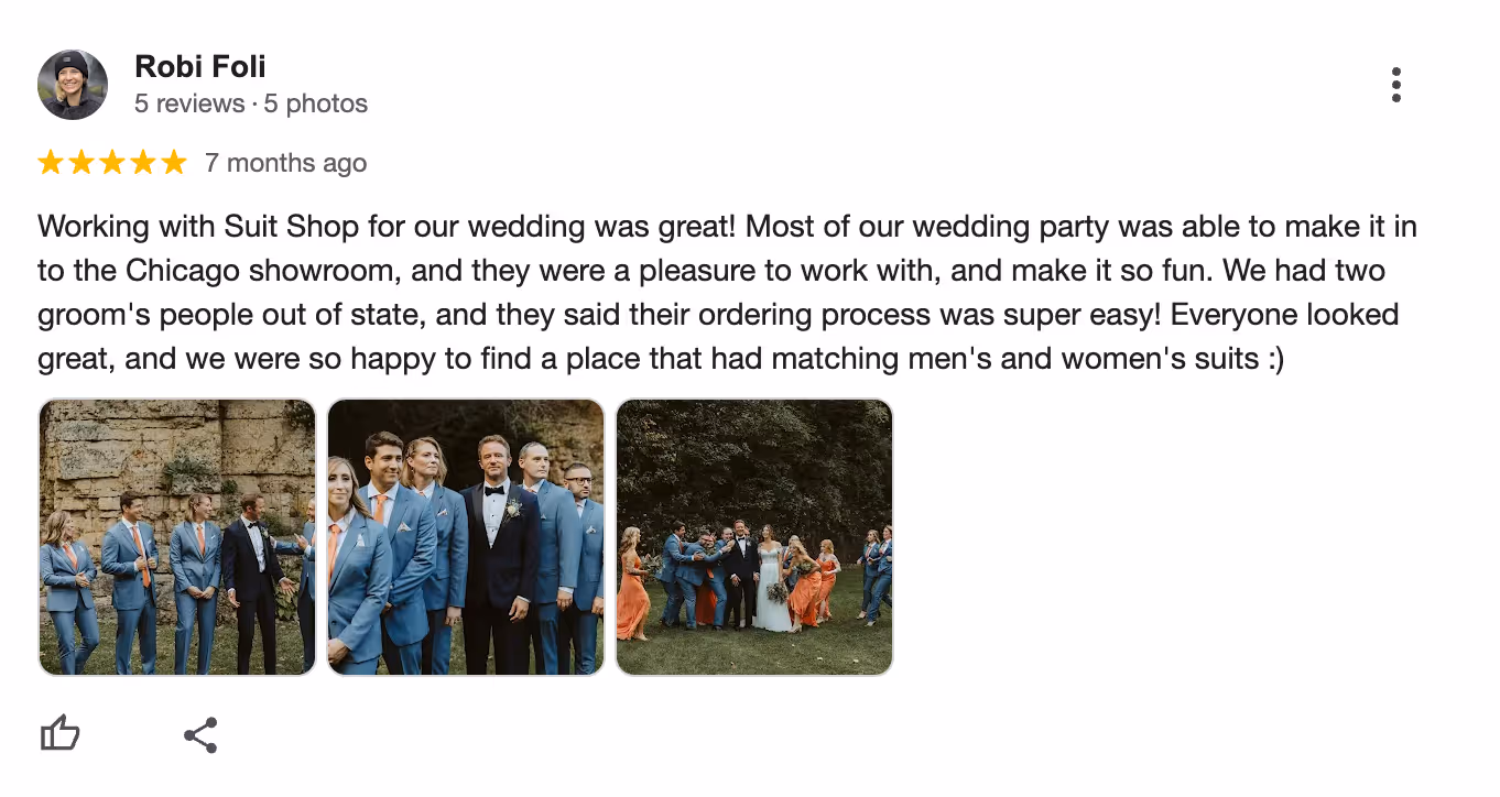 Five-star Google review praising SuitShop’s service for a wedding party, accompanied by photos of guests in matching suits.