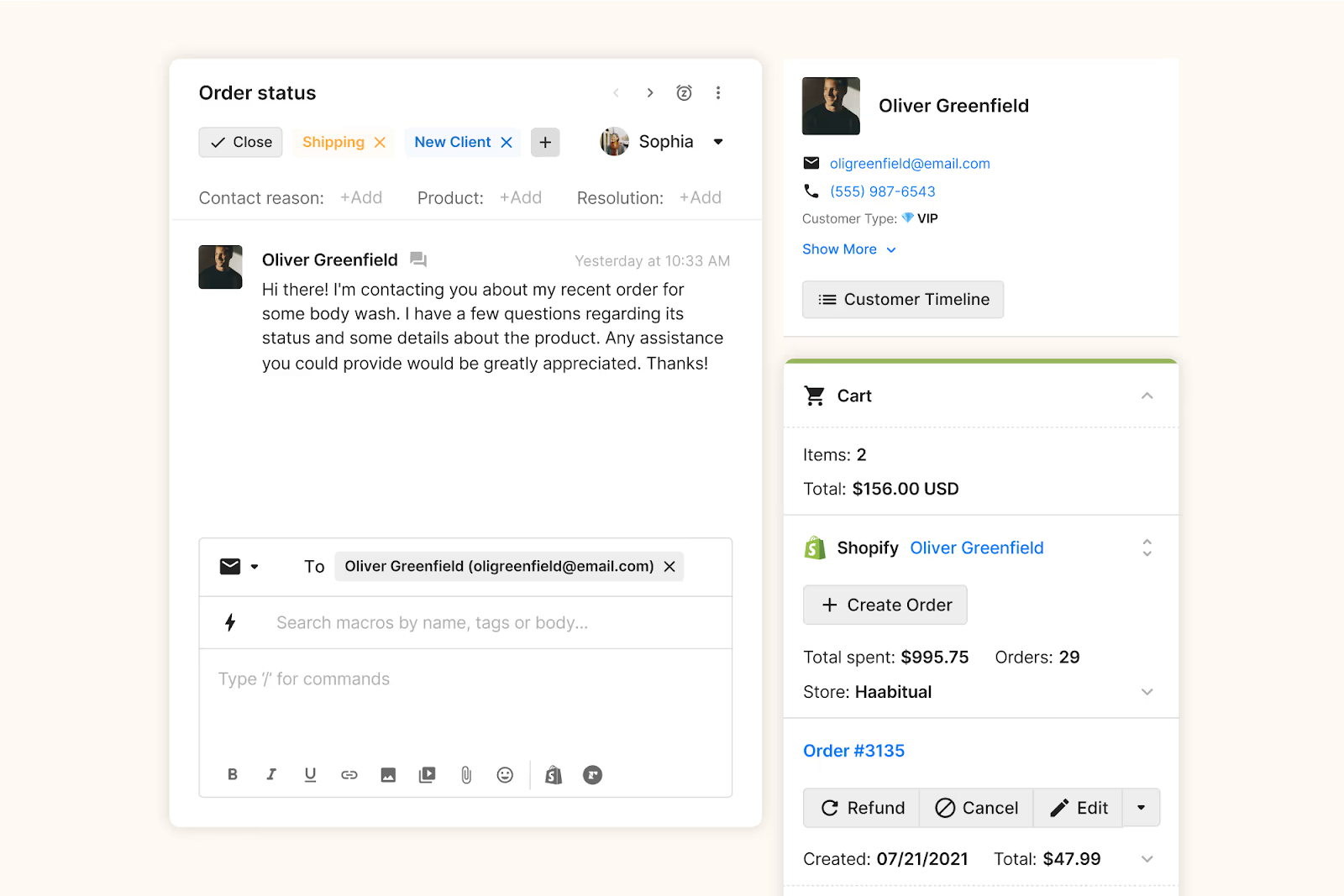 View the customer conversation, details, and integration information in one view in Gorgias