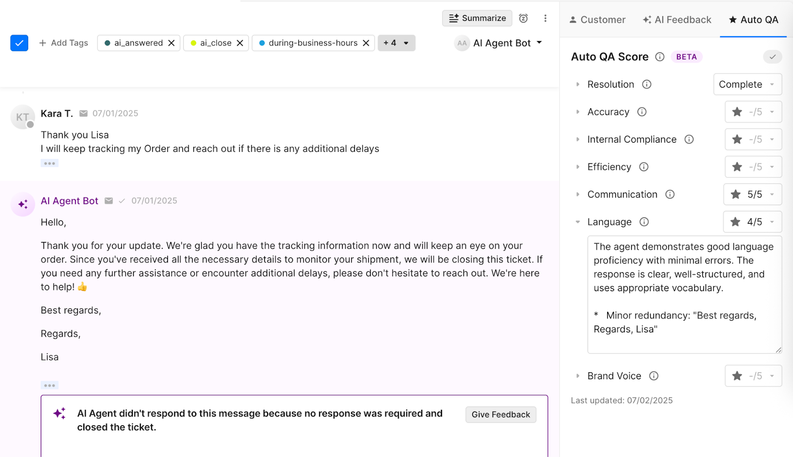 Each conversation is evaluated using an Auto QA Score to help train Wildride's AI Agent.