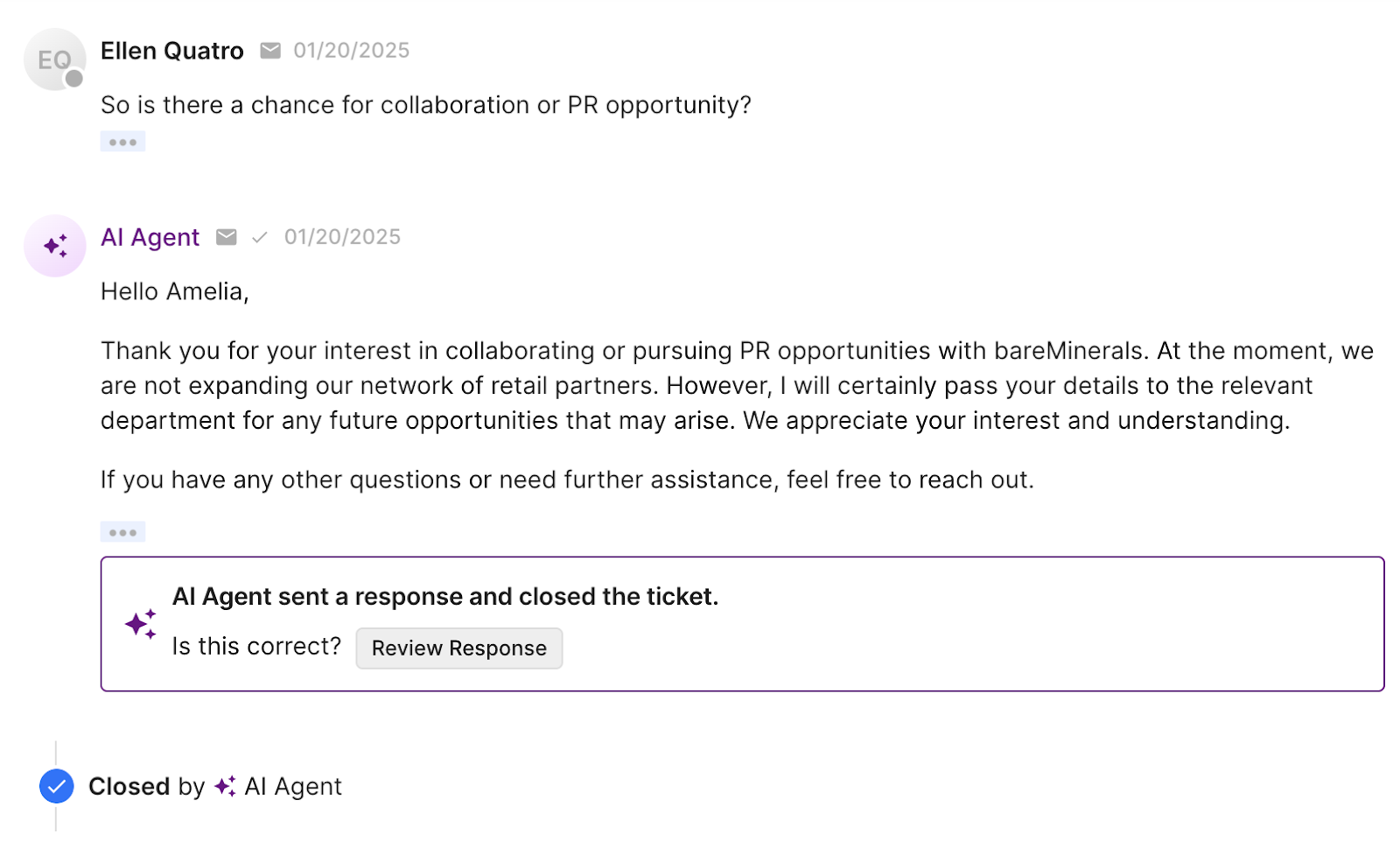 bareMinerals uses AI Agent to automatically respond to PR requests.