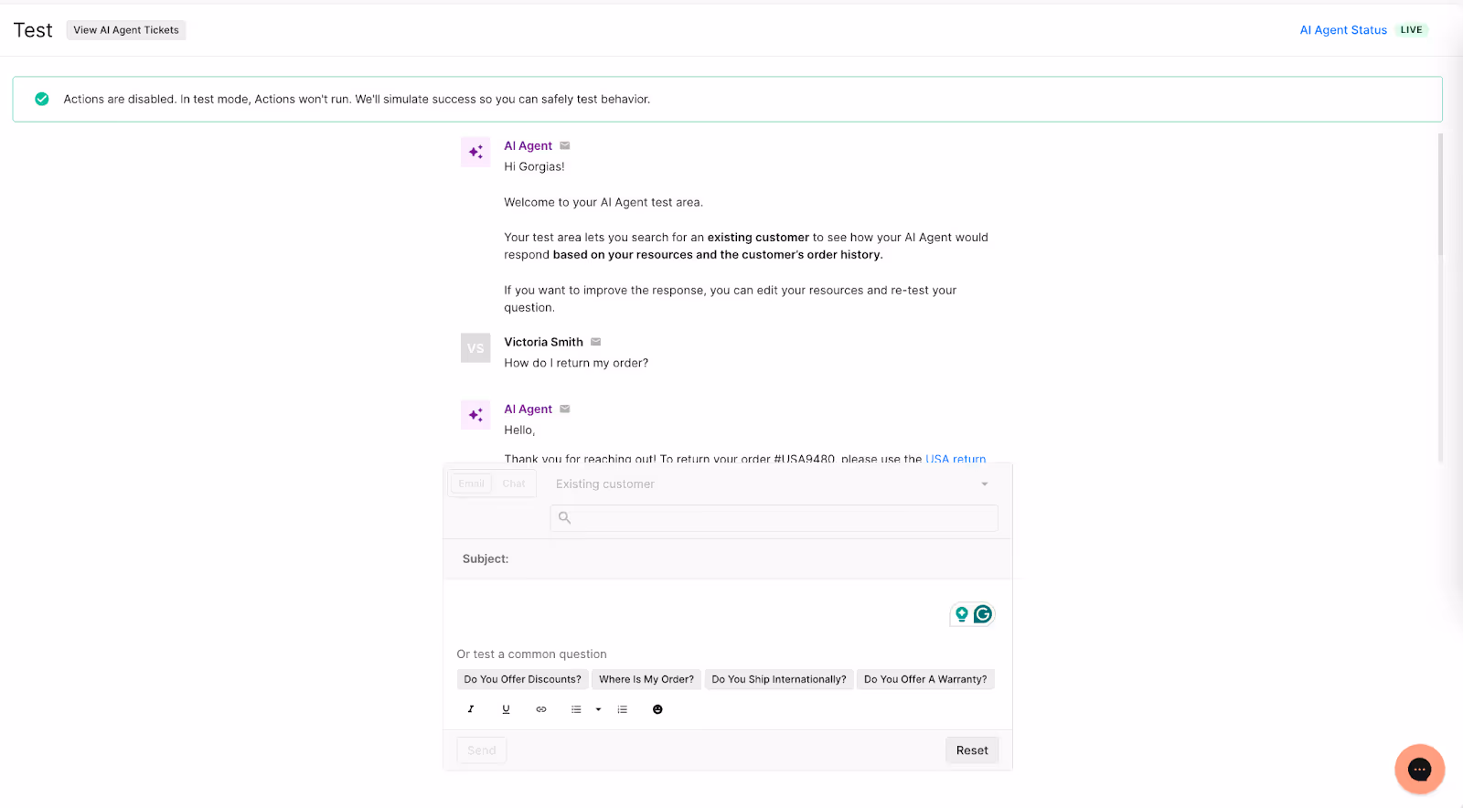 Test out conversations in Gorgias's AI Agent Test environment