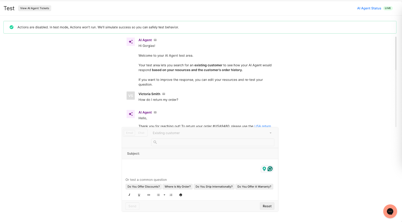 Test out conversations in Gorgias's AI Agent Test environment