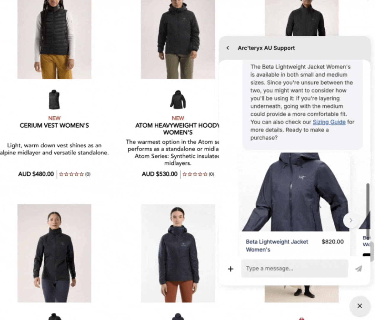 Arc'teryx's Shopping Assistant recommends sizing suggestions based on the user's browsing behavior. 
