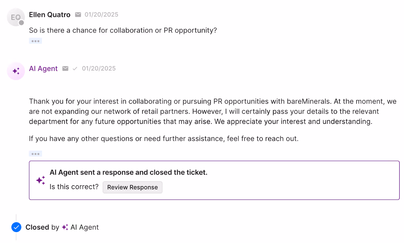 bareMinerals' AI Agent answers a collaboration/PR request with an on-brand tone of voice and empathy.