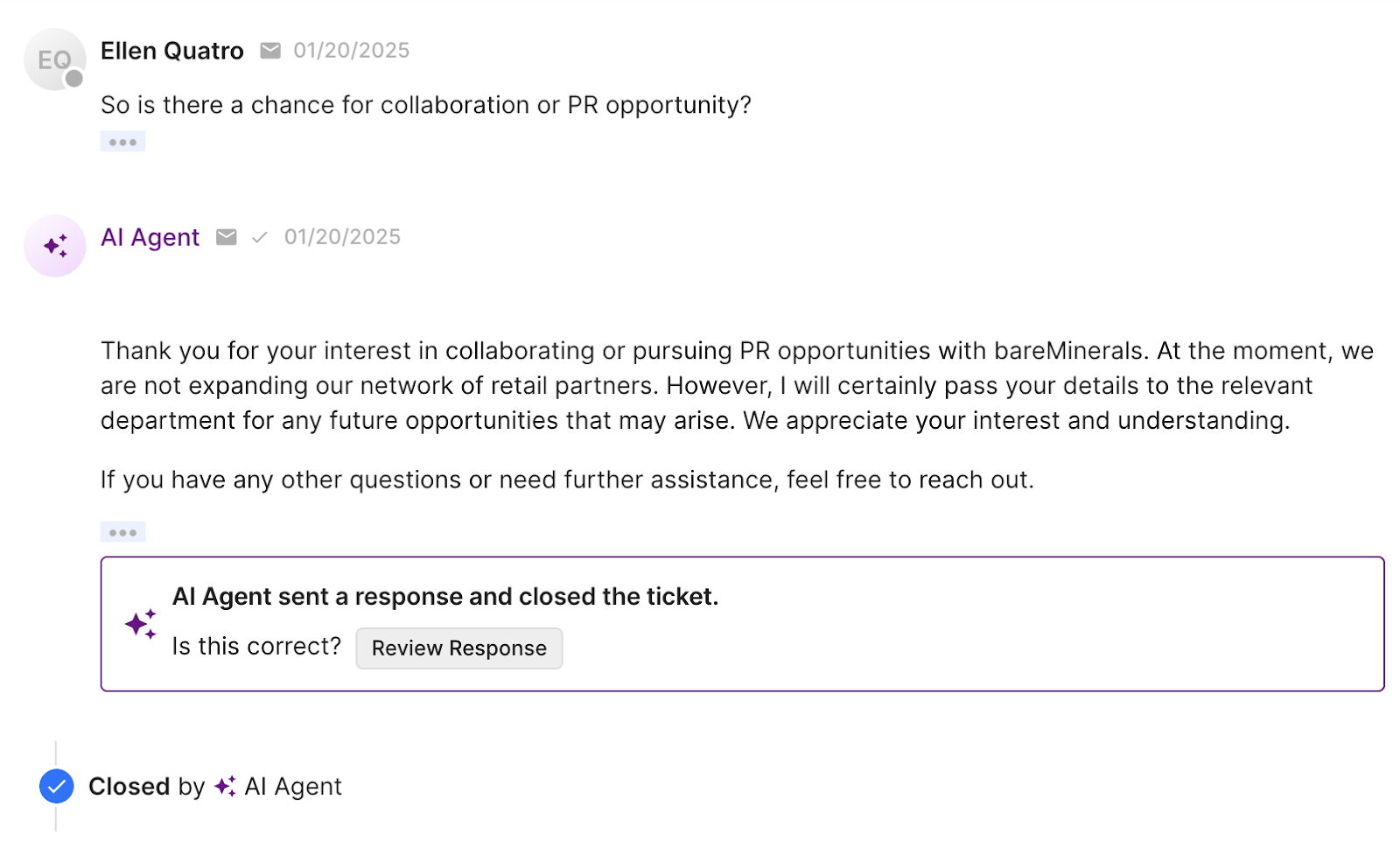 bareMinerals' AI Agent answers a collaboration/PR request with an on-brand tone of voice and empathy.