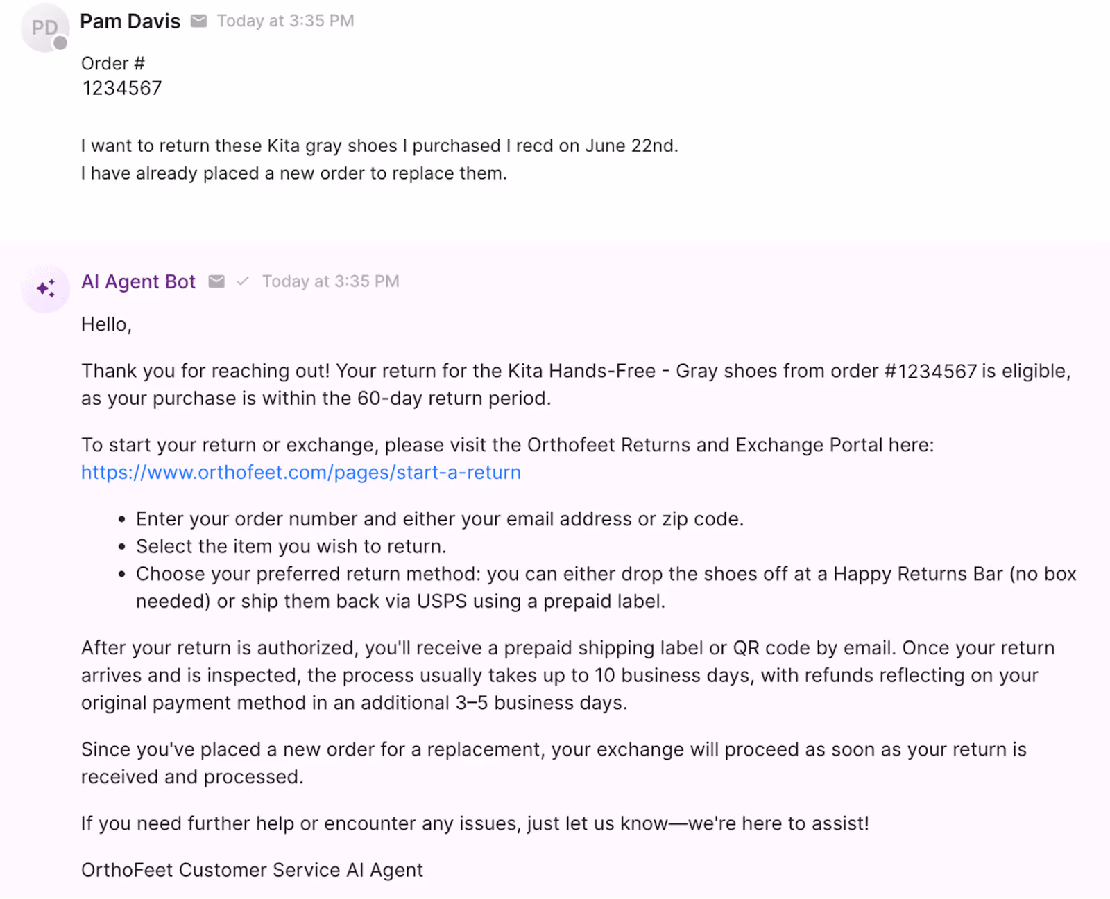 Customer requesting a return for shoes via chat, with AI agent providing step-by-step return instructions and a link to the returns portal.