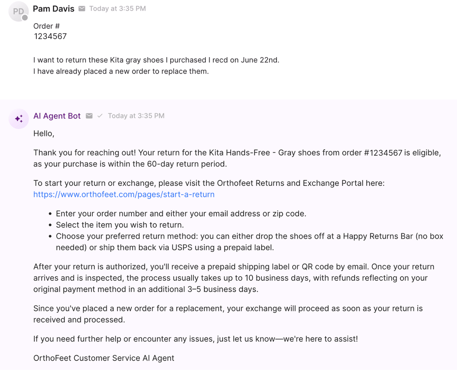 Customer requesting a return for shoes via chat, with AI agent providing step-by-step return instructions and a link to the returns portal.