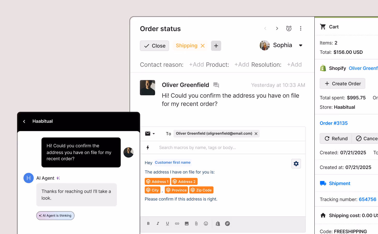 A live chat conversation displayed in Gorgias along with a customer sidebar that shows a customer's order details