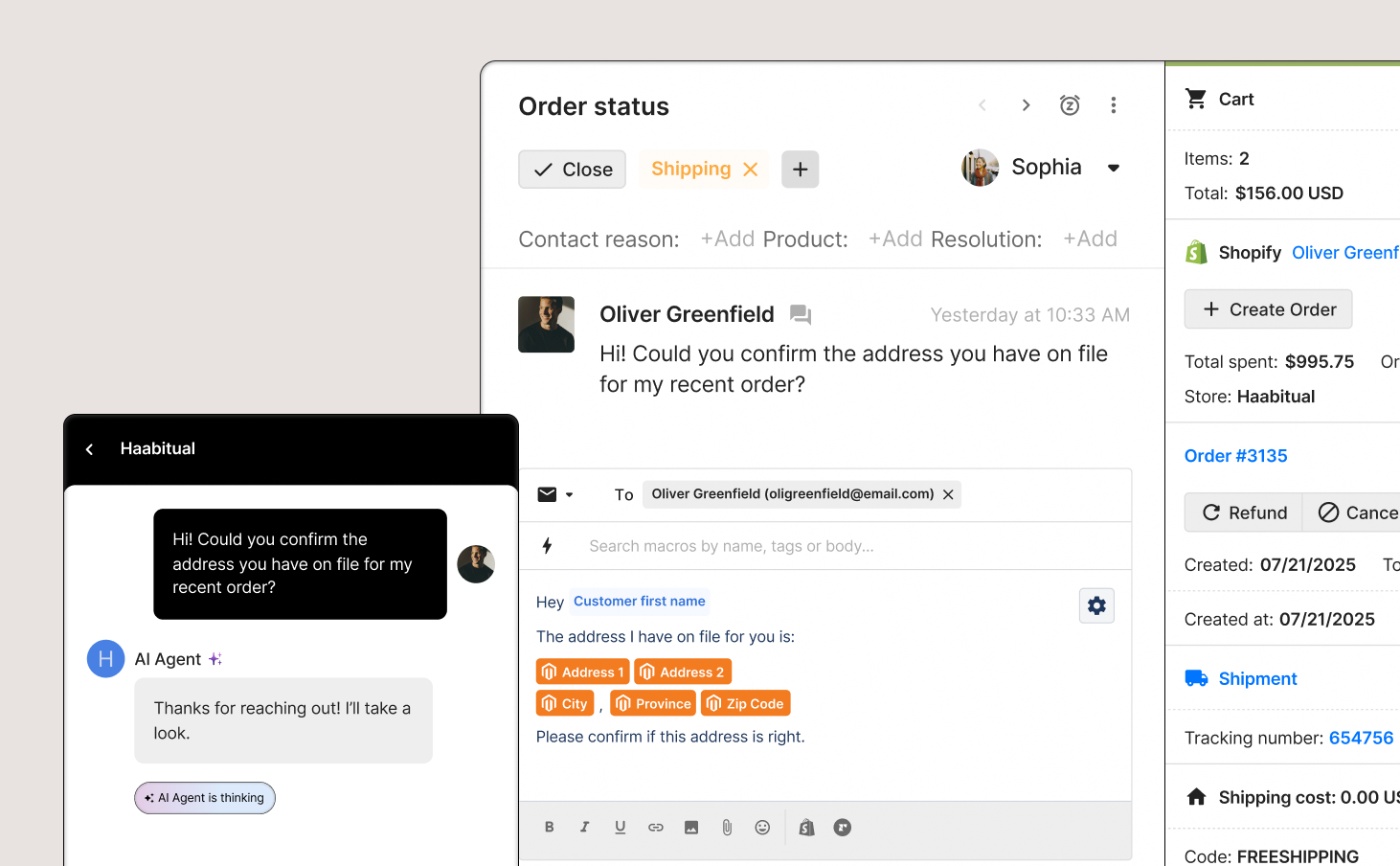A live chat conversation displayed in Gorgias along with a customer sidebar that shows a customer's order details