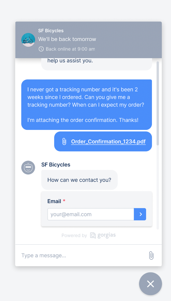 Gorgias Chat asks for a customer's email when they send a message outside of business hours.