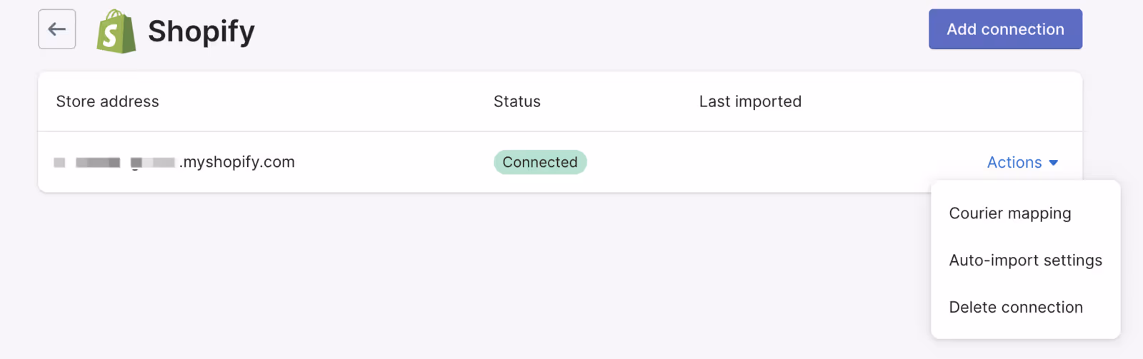 A Shopify store is successfully listed as 'Connected' to AfterShip Tracking.