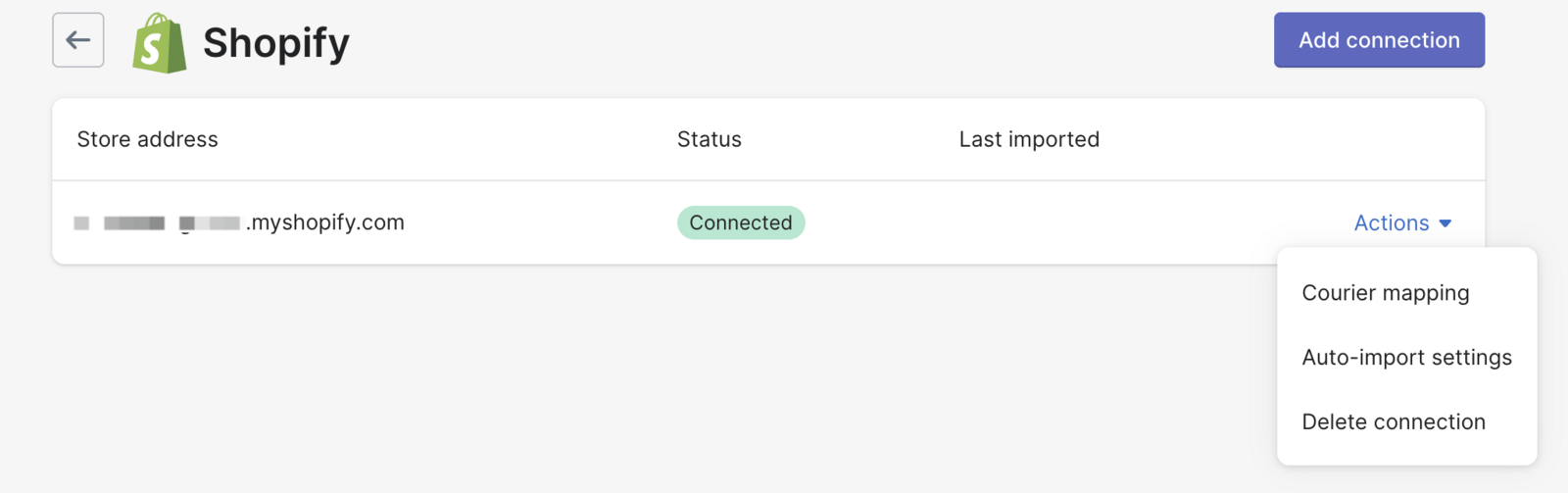 A Shopify store is successfully listed as 'Connected' to AfterShip Tracking.