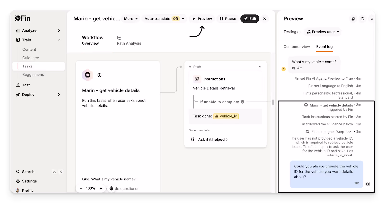 Intercom's Fin AI comes with a preview environment to test AI responses.