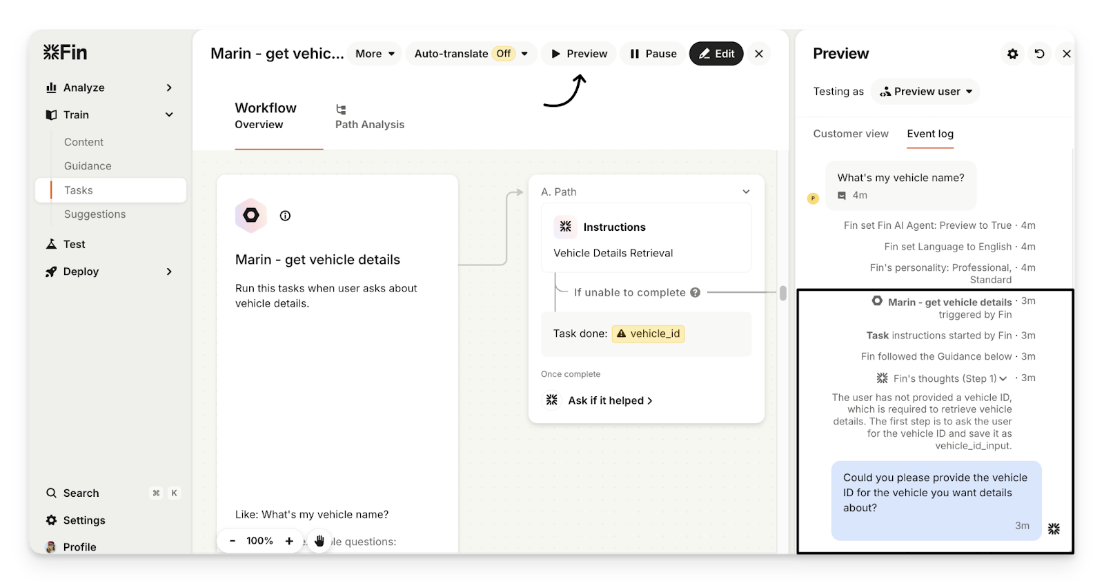 Intercom's Fin AI comes with a preview environment to test AI responses.
