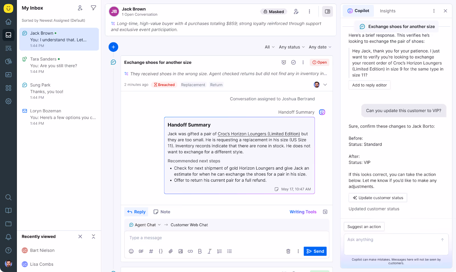Kustomer's AI Agent for Reps provides quick summaries of conversations.