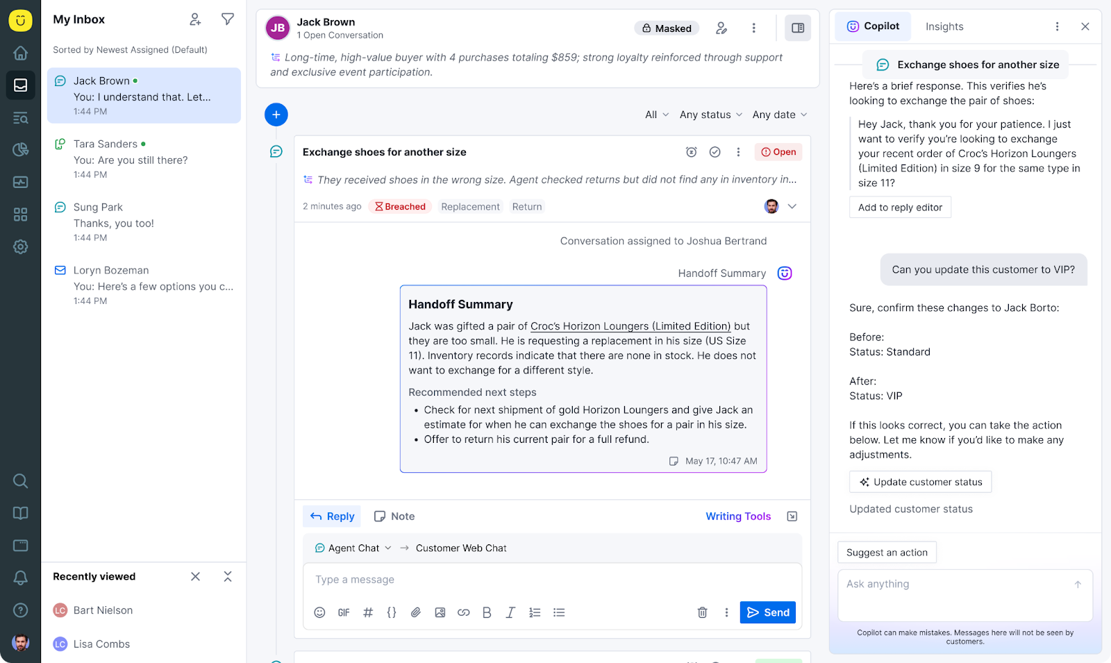 Kustomer's AI Agent for Reps provides quick summaries of conversations.