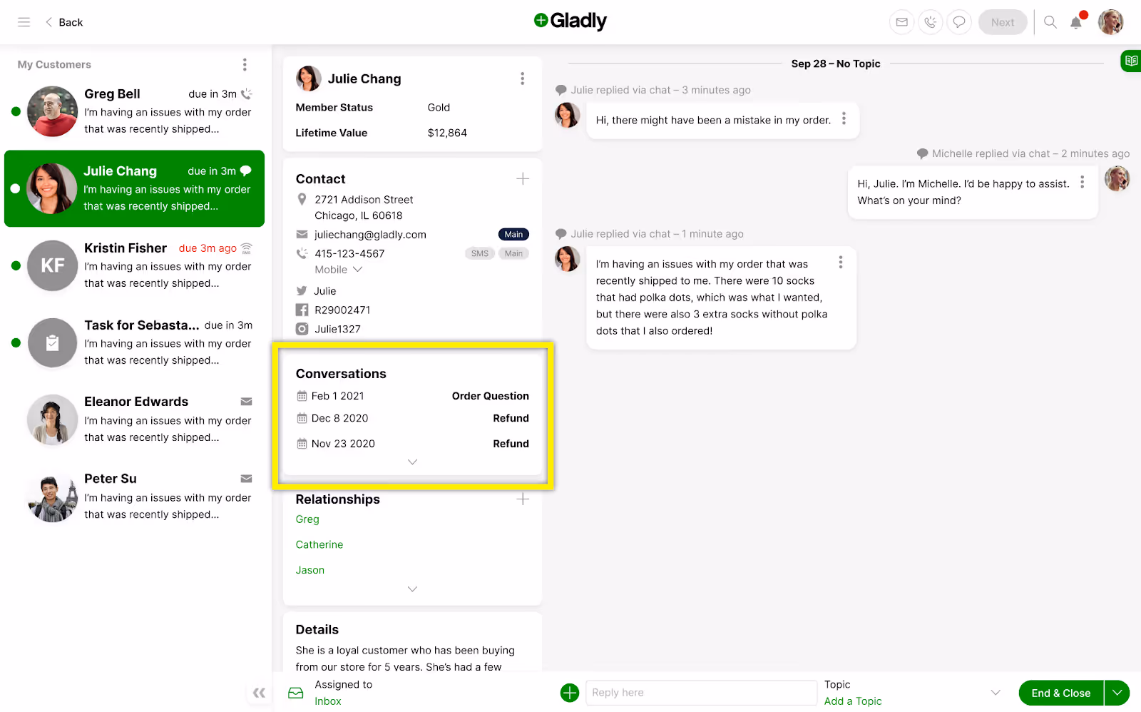Gladly's Customer Profile lets you see customer details including relationships and conversation history.