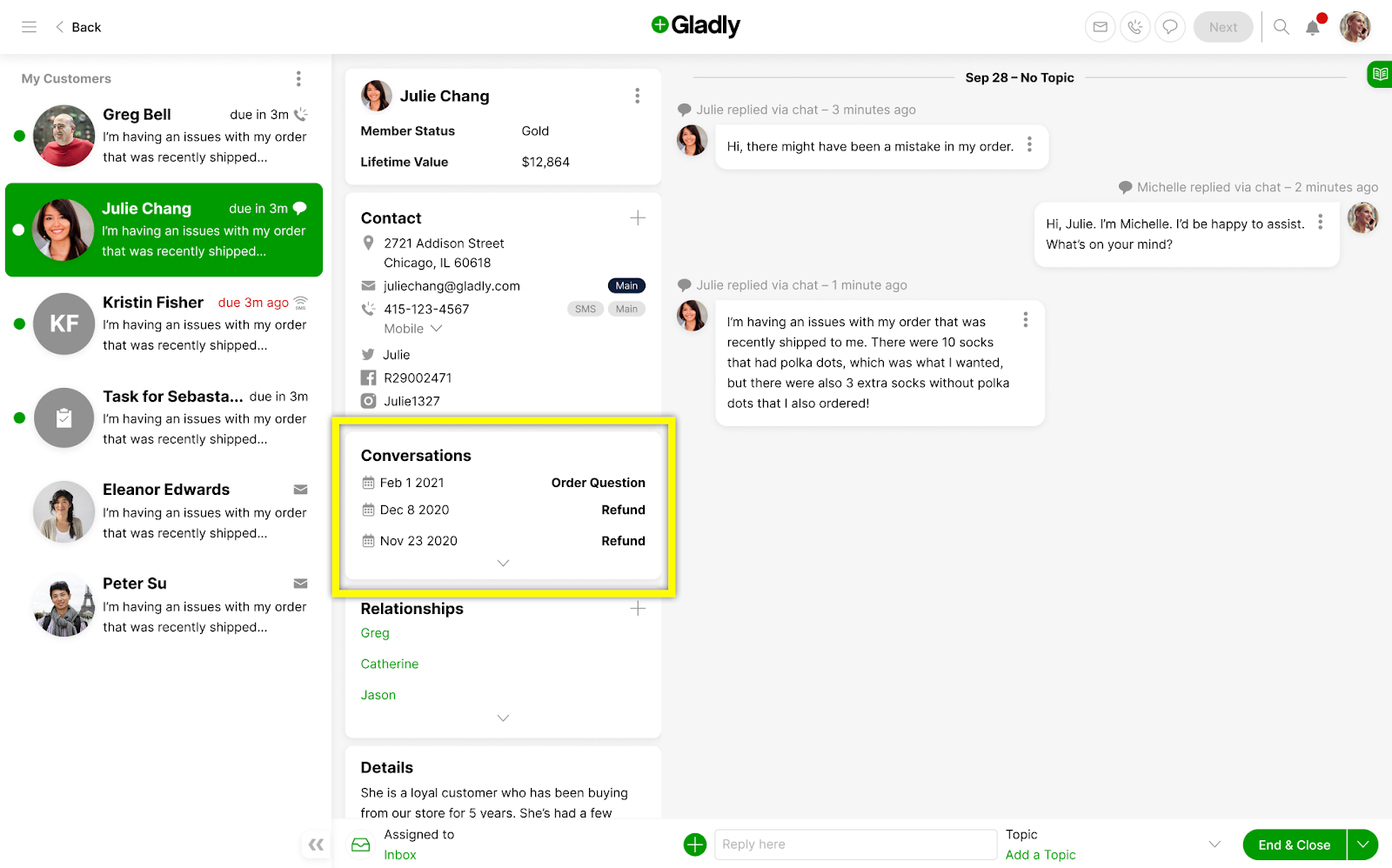 Gladly's Customer Profile lets you see customer details including relationships and conversation history.