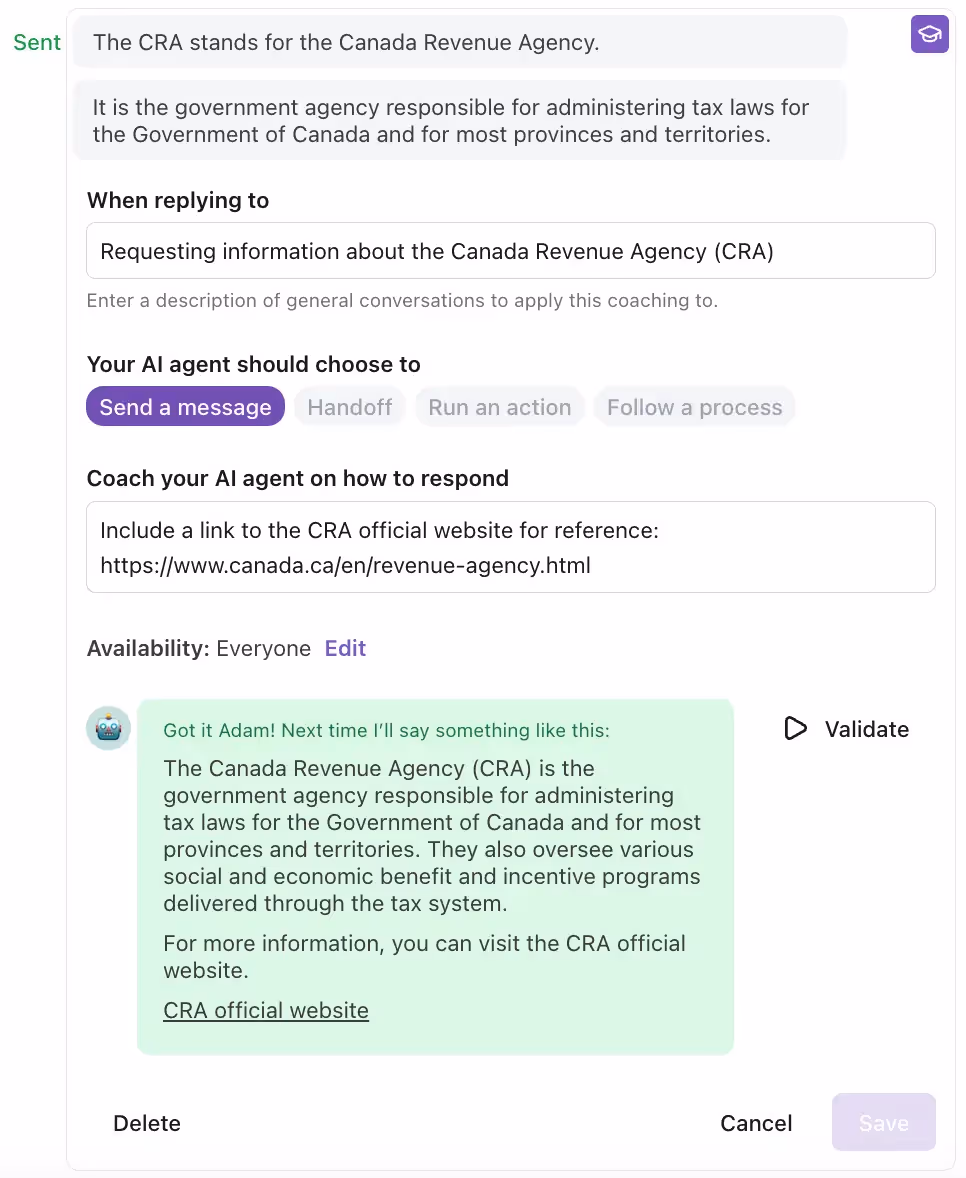 Adjust how Ada's AI agent responds to certain questions.
