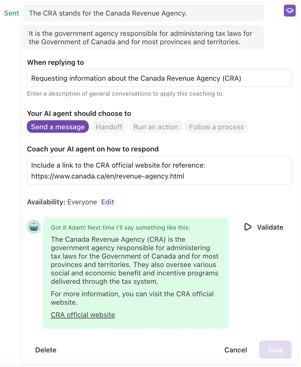 Adjust how Ada's AI agent responds to certain questions.