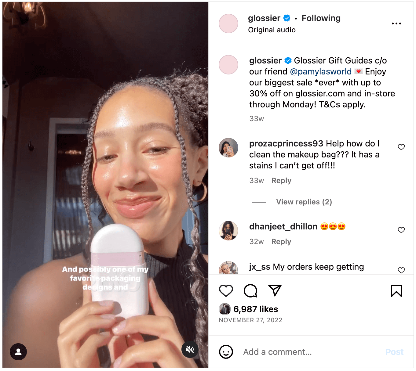 Screenshot of a Glossier Instagram video featuring an influencer promoting a sale