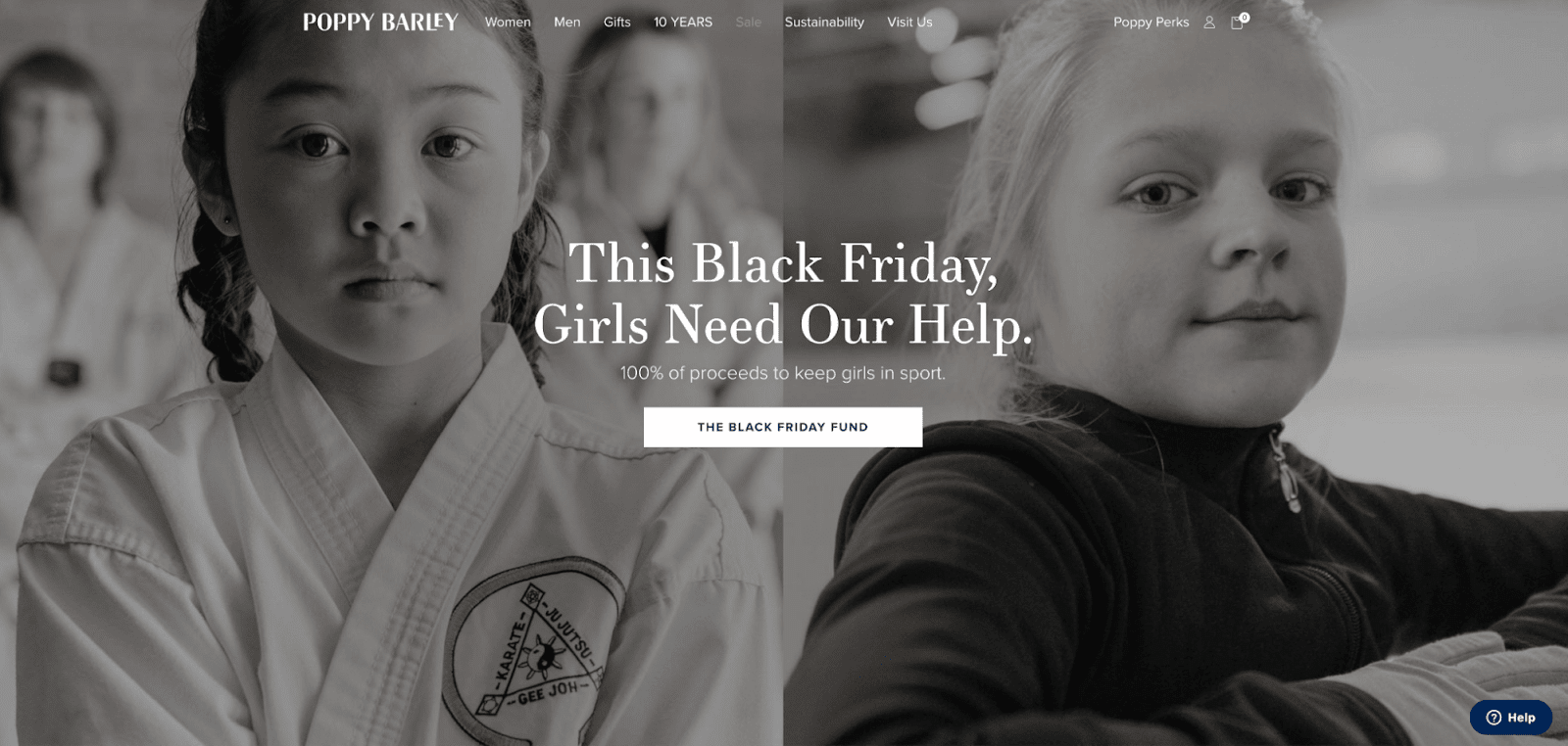 Poppy Barley website with a Black Friday Fund hero image