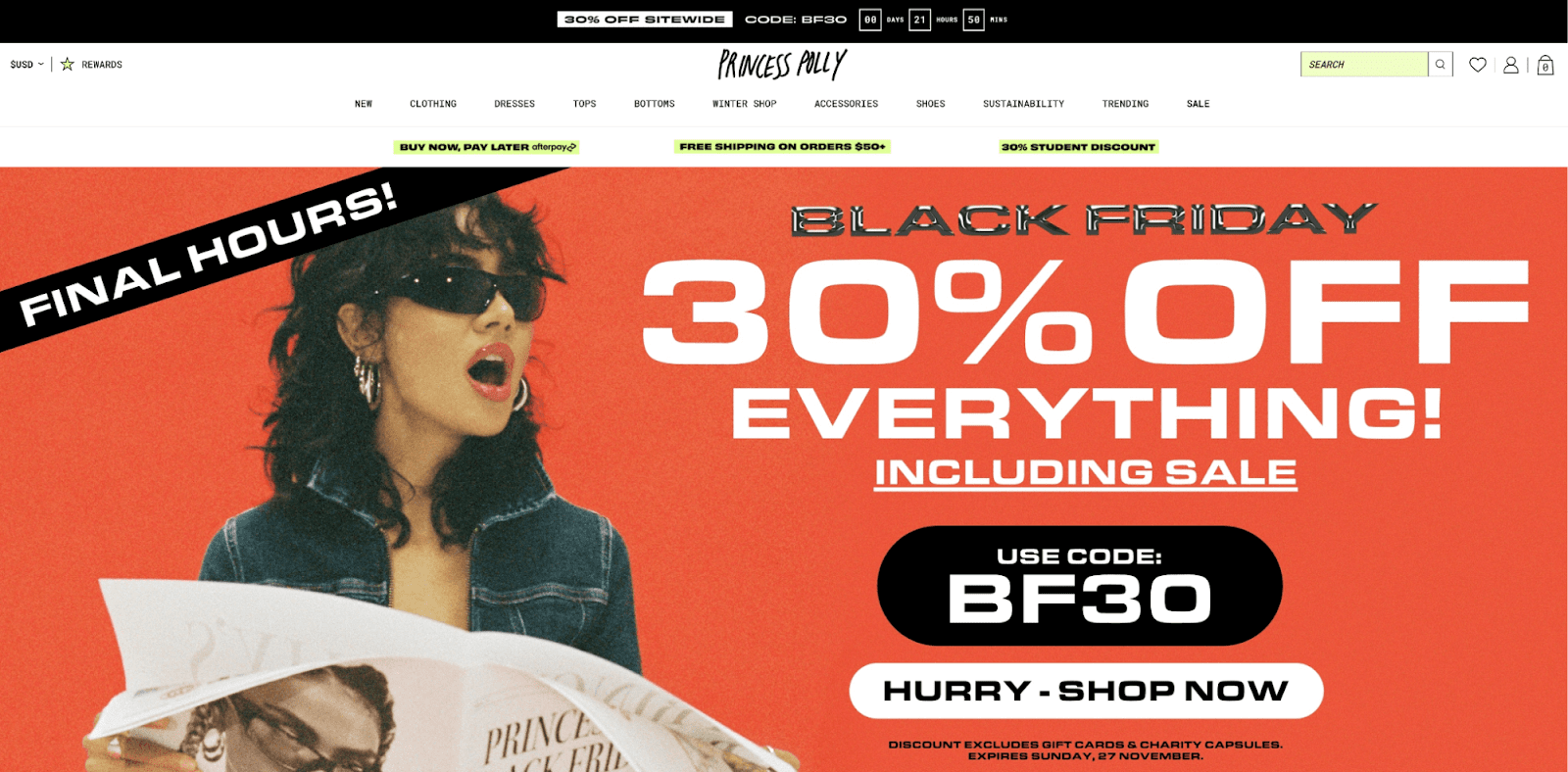 Princess Polly with a full-size Black Friday hero image stating 