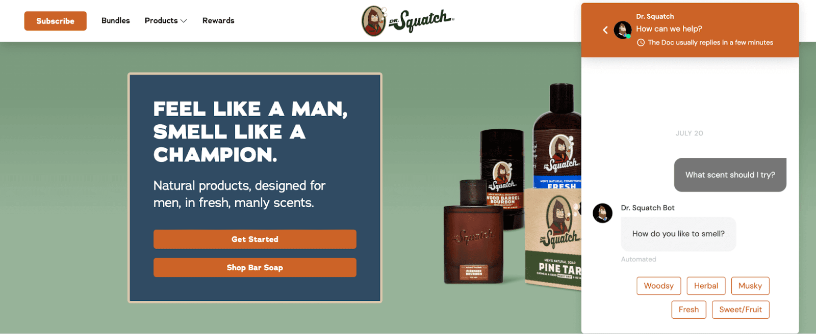 Dr. Squatch website with a Gorgias chat widget displaying a 
