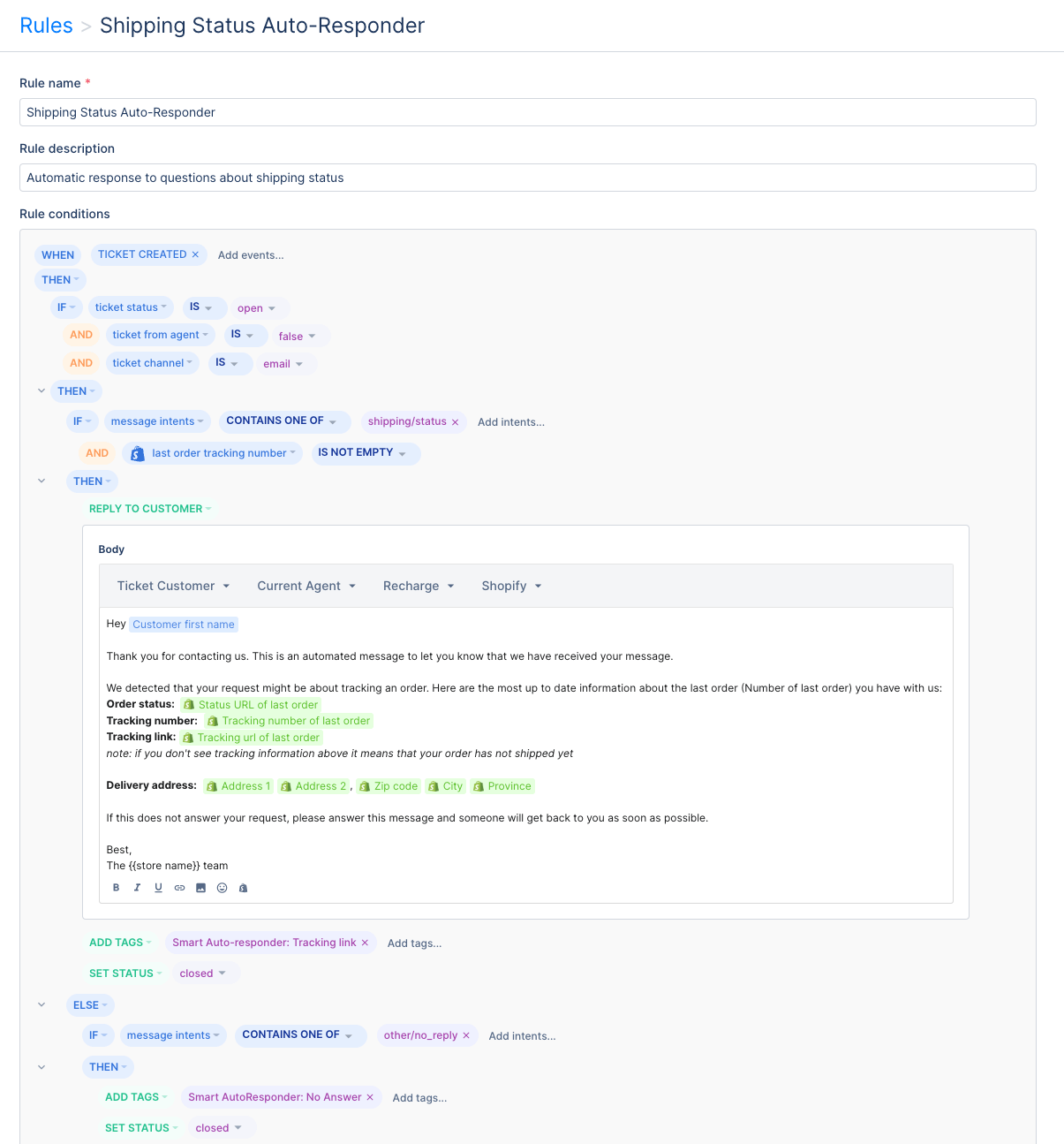 Shipping status auto-responder Rule on Gorgias