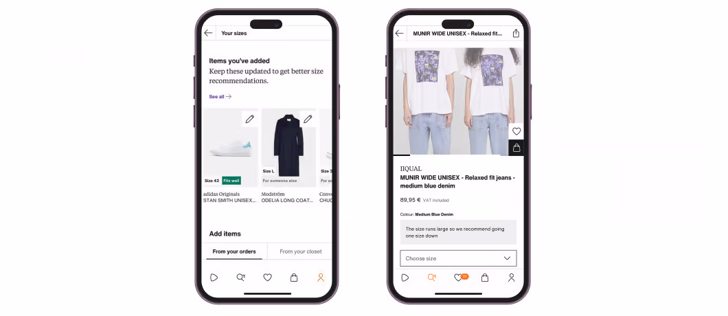 Two phone screens showing Zalando app size recommendations and product page.