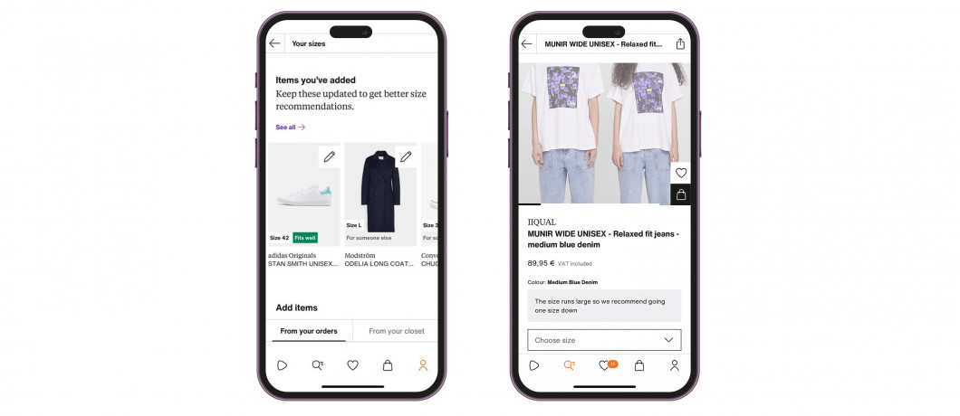 Two phone screens showing Zalando app size recommendations and product page.
