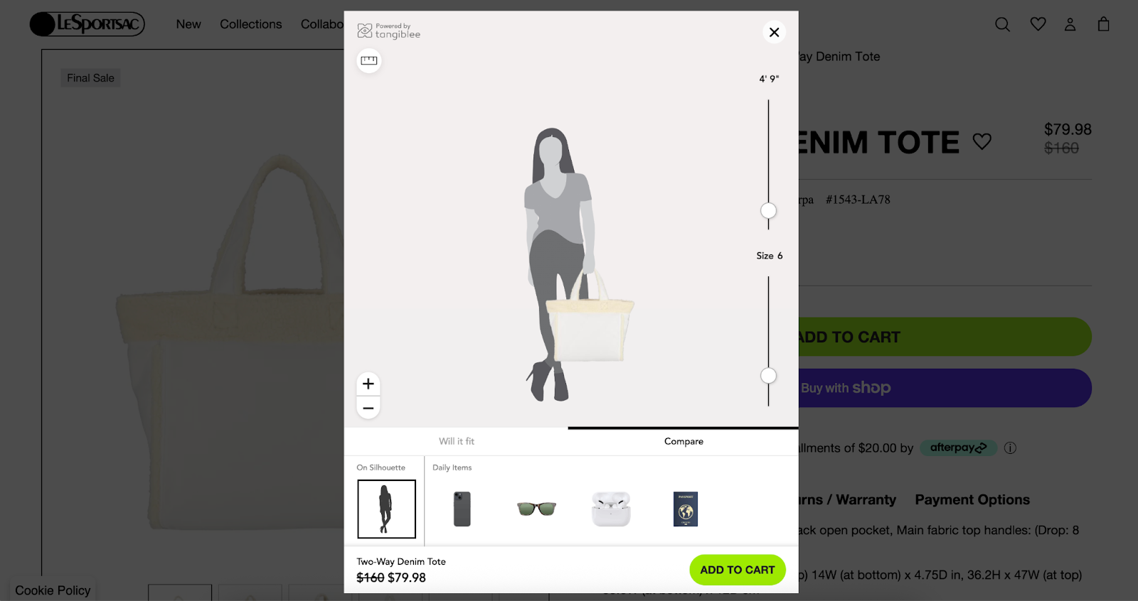 Online tool Tangiblee shows tote bag size on a silhouette model with comparison items below.