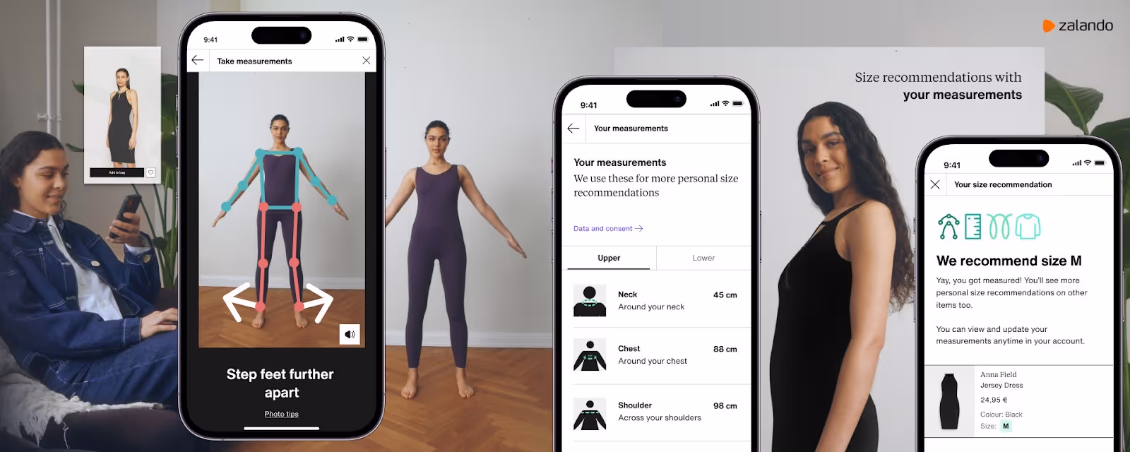 Zalando app shows body measurements and personalized clothing size recommendations.