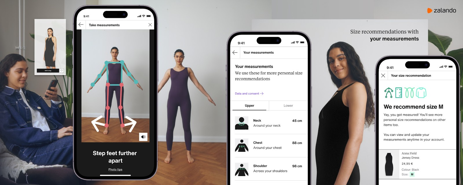 Zalando app shows body measurements and personalized clothing size recommendations.