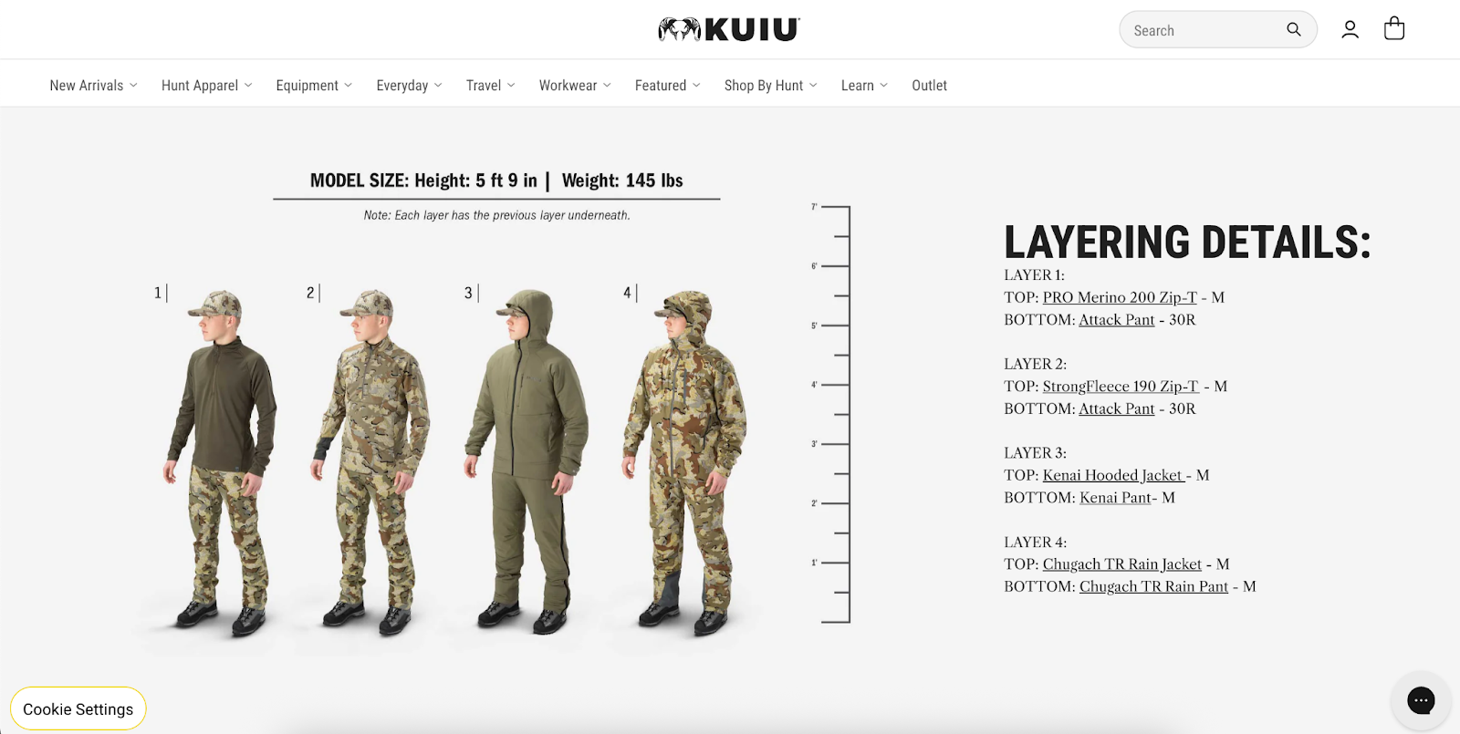 Male model shows four layered hunting outfits with listed gear details on the right.