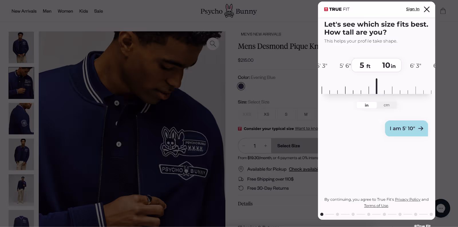Psycho Bunny men's polo page with True Fit sizing tool overlay.