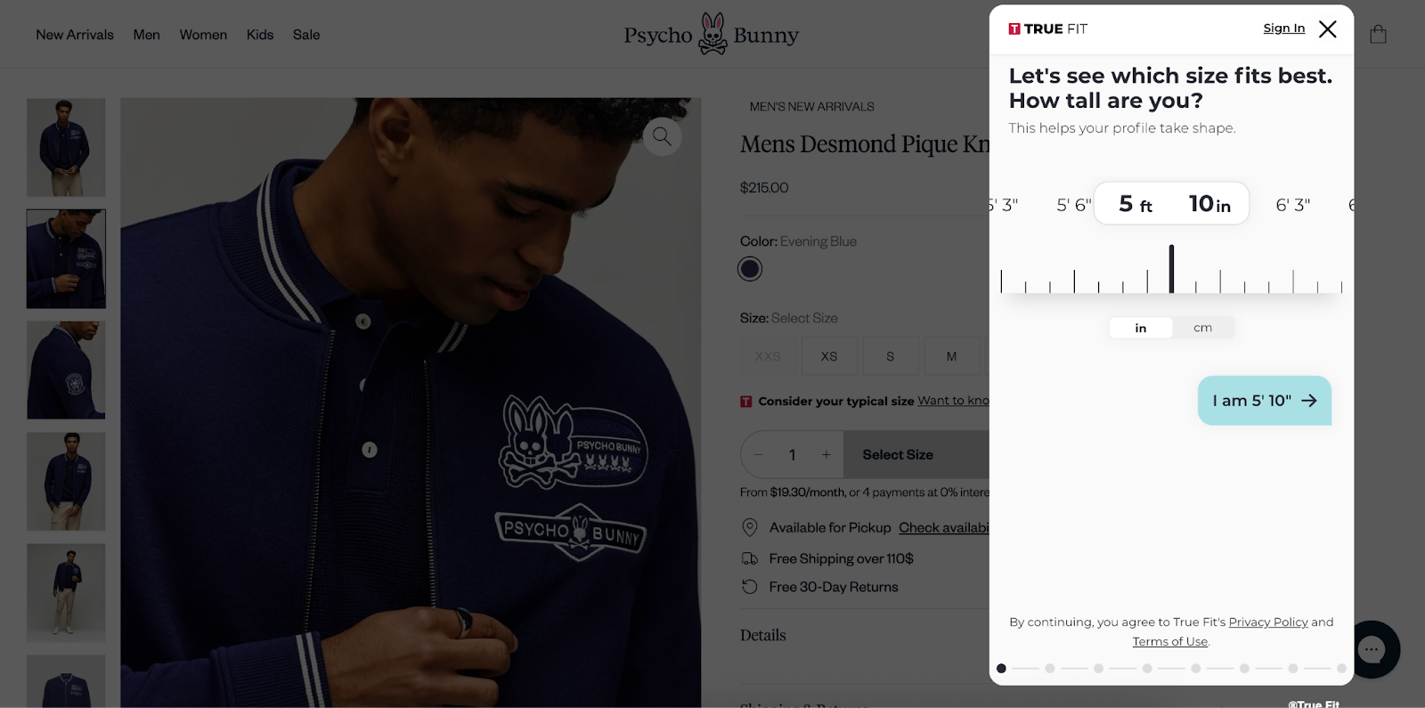 Psycho Bunny men's polo page with True Fit sizing tool overlay.