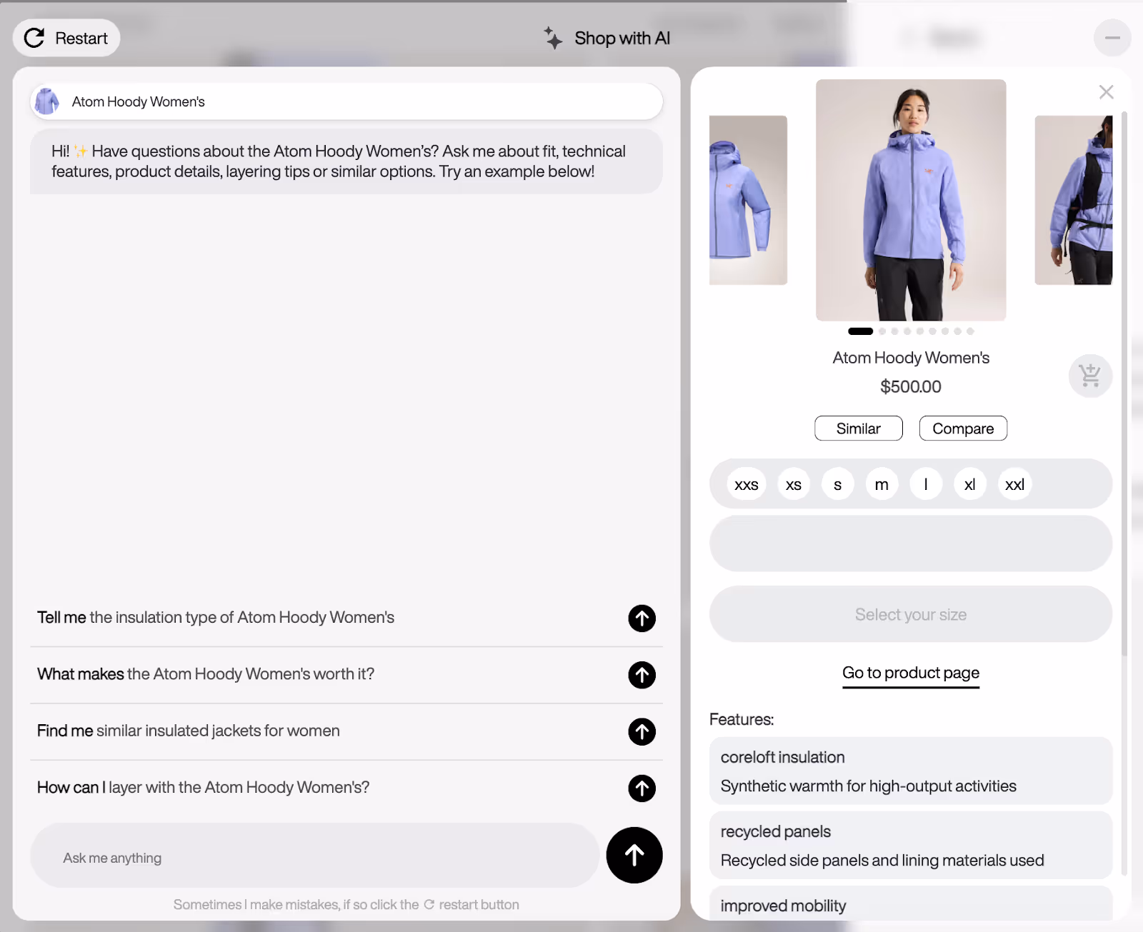 Arc'teryx Atom Hoody women's product page with AI shopping assistant chat.